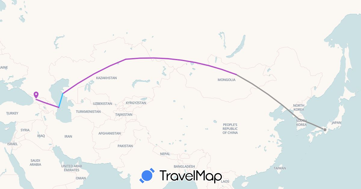 TravelMap itinerary: driving, plane, train, boat in Azerbaijan, Georgia, Japan, South Korea, Kazakhstan, Mongolia (Asia)