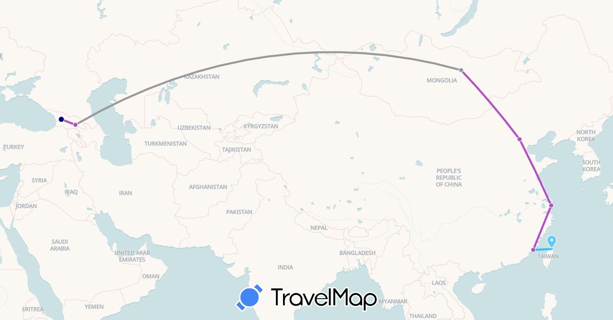 TravelMap itinerary: driving, plane, train, boat in China, Georgia, Mongolia, Taiwan (Asia)