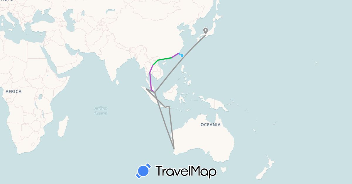 TravelMap itinerary: driving, bus, plane, train, boat in Australia, China, Indonesia, Japan, Laos, Malaysia, Singapore, Thailand, Taiwan, Vietnam (Asia, Oceania)