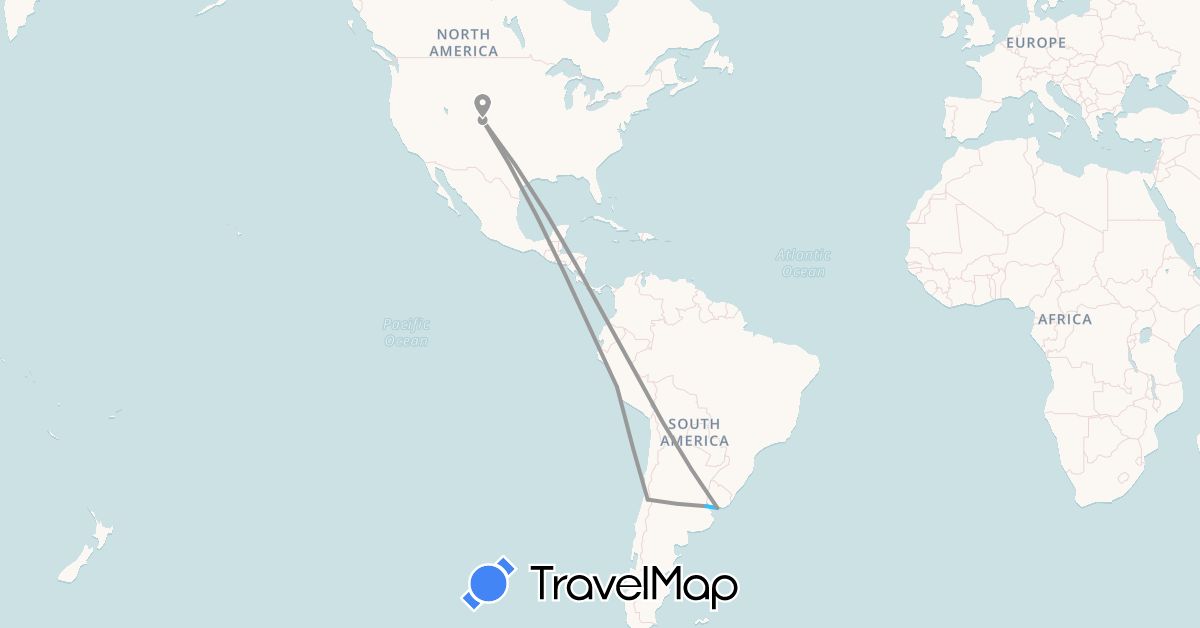 TravelMap itinerary: driving, plane, boat in Argentina, Chile, Peru, United States, Uruguay (North America, South America)