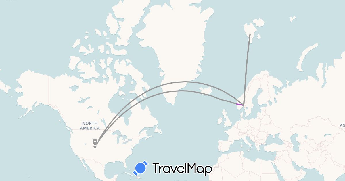 TravelMap itinerary: driving, plane, train in Faroe Islands, Iceland, Norway, United States (Europe, North America)