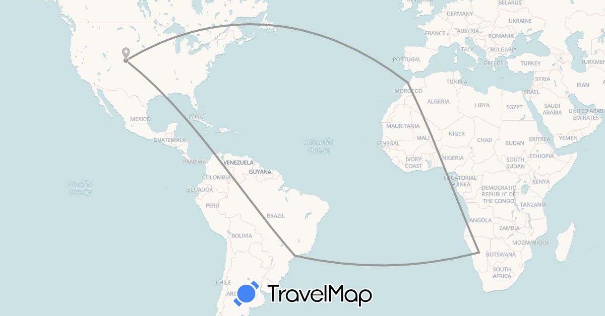 TravelMap itinerary: driving, plane in Brazil, Morocco, Namibia, United States (Africa, North America, South America)