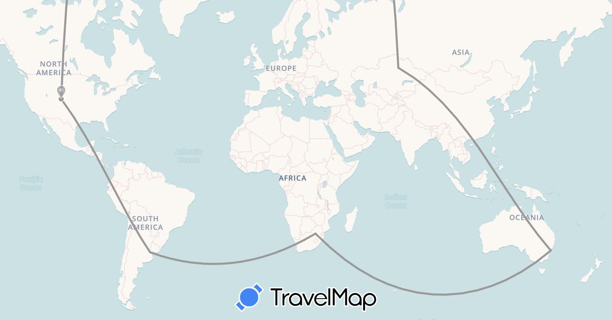 TravelMap itinerary: driving, plane in Argentina, Australia, Kazakhstan, United States, South Africa (Africa, Asia, North America, Oceania, South America)
