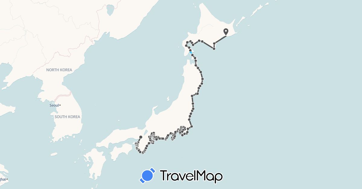 TravelMap itinerary: driving, boat, motorbike in Japan (Asia)